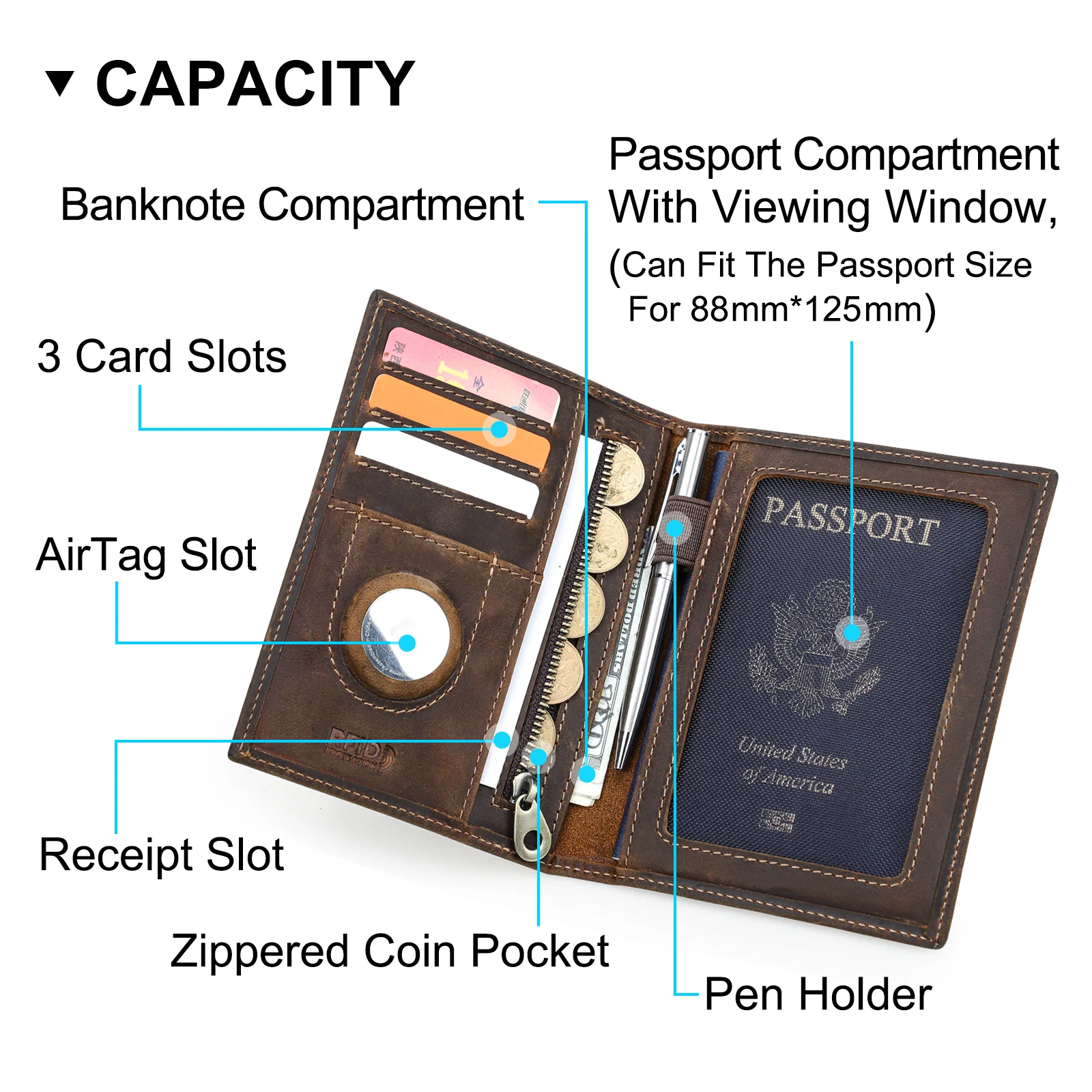 Фото Кошелек для паспорта CONTACT'S из натуральной кожи, модный мужской кошелек с RFID-защитой для кредитных карт, зажим для денег, женский дорожный кошелек с защитой от потери и держателем для AirTag №2