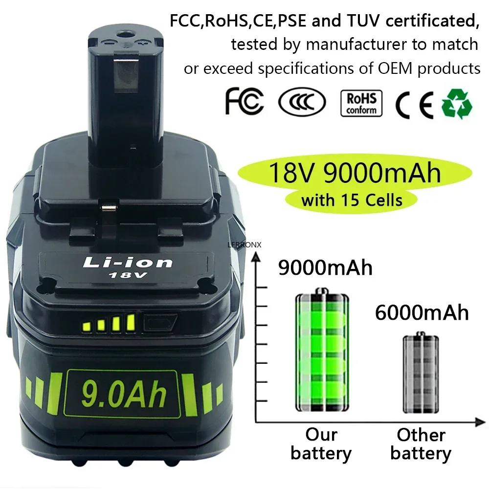 Литий-ионная аккумуляторная батарея 18 В 9000 мАч для Ryobi ONE + P108 P109 P106 P105 P104 P103 RB18L50