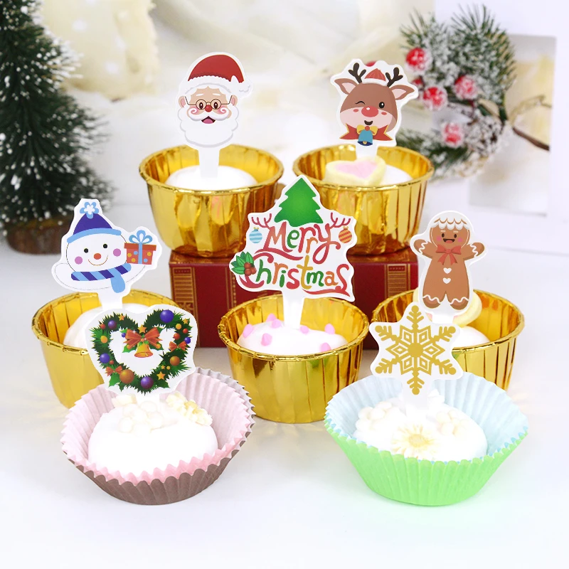 

14pcs Christmas Paper Cupcake Toppers Elk Santa Cake Decoration New Years Birthday Party Merry Christmas Dessert Accessories