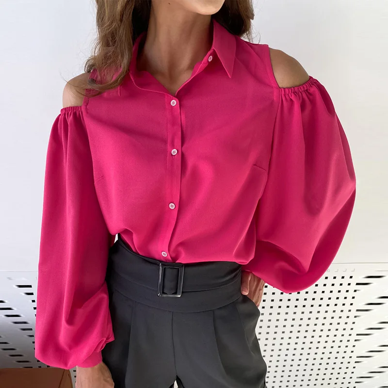 

Блузка однобортная офисная с рукавами-фонариками, модная повседневная элегантная рубашка с отложным воротником и открытыми плечами, однот...