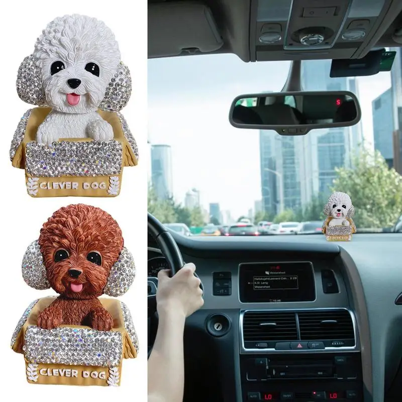 

Car Ornament Car Bobblehead Dog Poodle With Rhinestone 3D Realistic Automobile Dashboard Bobble Head Car Decoration Accessories
