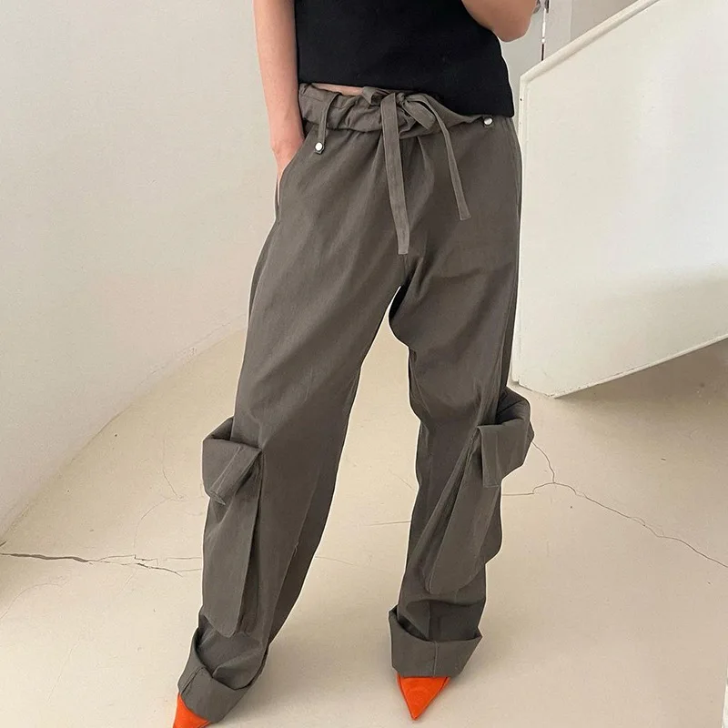 

Брюки-карго женские с широкими штанинами, шикарные Мешковатые повседневные штаны с низкой посадкой, уличная одежда, корейские штаны для бег...