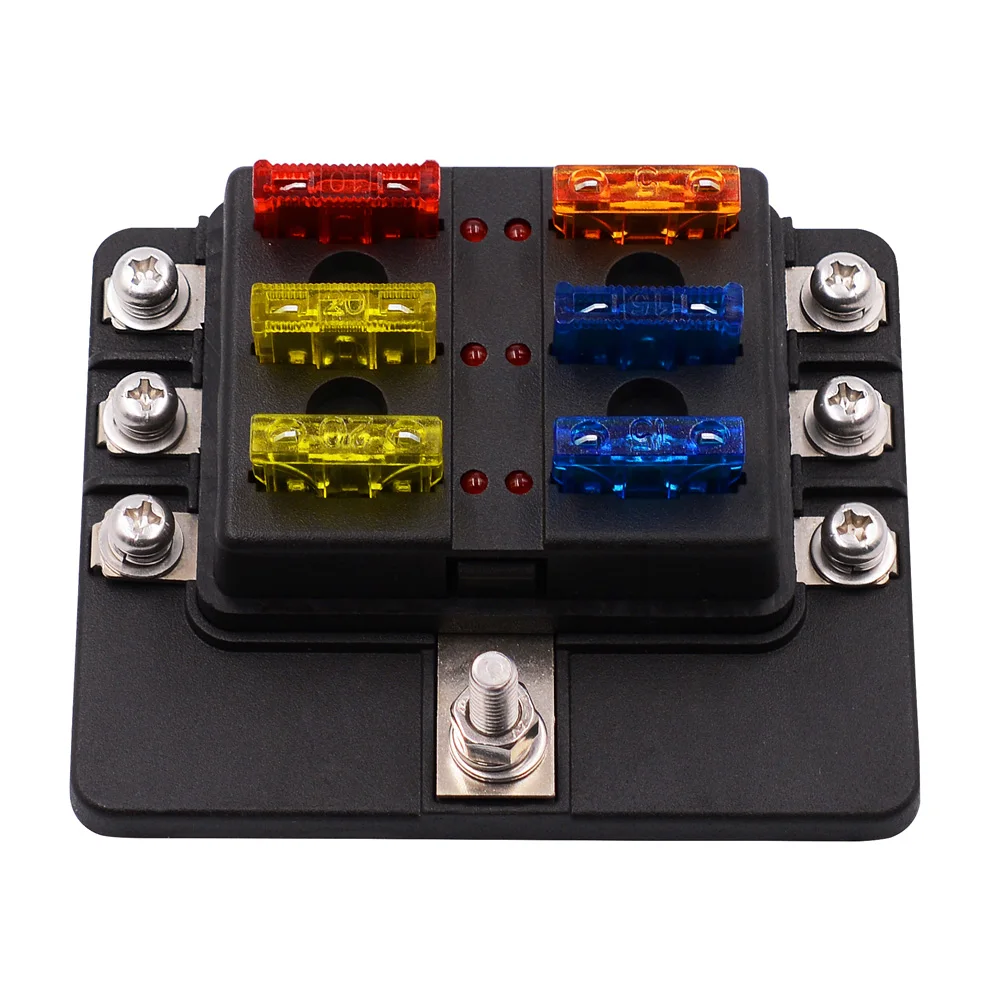 

12V 32V Fuse Box Holder With Plastic Cover M5 Stud 6 Ways Blade Fuse Block Box LED Indicator Light For Car Boat Home RV Marine