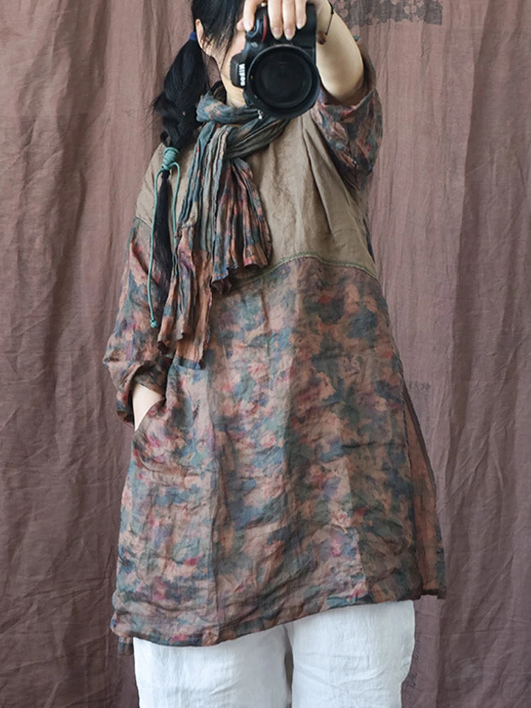 

Женские льняные футболки с цветочным принтом, новые винтажные футболки с круглым вырезом и длинным рукавом, Высококачественная Женская одежда, футболки, весна 2023