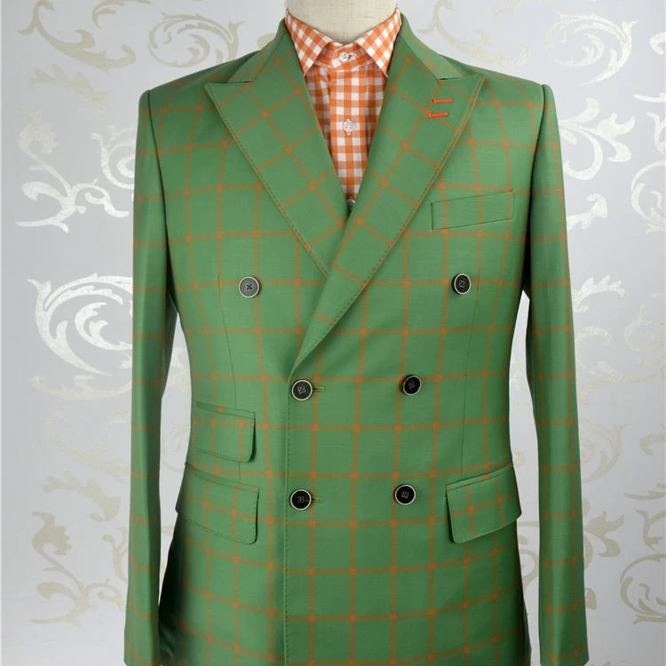 

Tailor-made High Quality Worsted 150's Wool Green and Organ Check Suit Men Double Breast Reverse Collar Suit