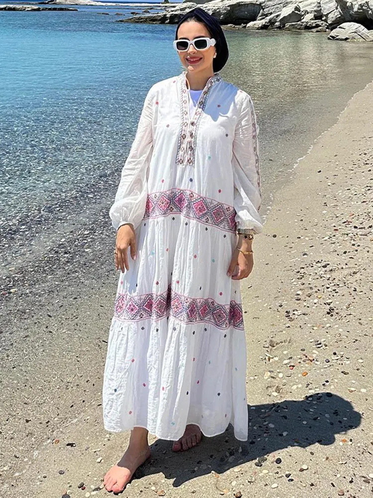 

Женское платье-миди с вышивкой, разноцветное свободное Плиссированное Платье с V-образным вырезом и рукавами-фонариками, праздничный пляжный сарафан, лето 2023