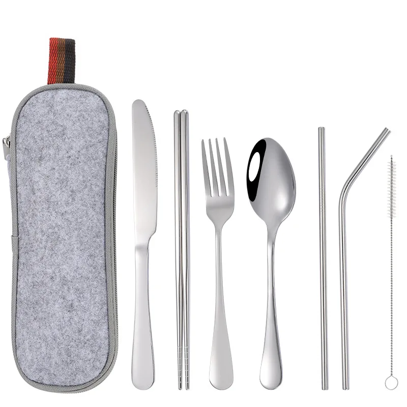 

Portable Travel Cutlery Set Knives Forks Spoons Chopsticks Straws 7Pcs/set Stainless Steel Dinnerware Flatware Set