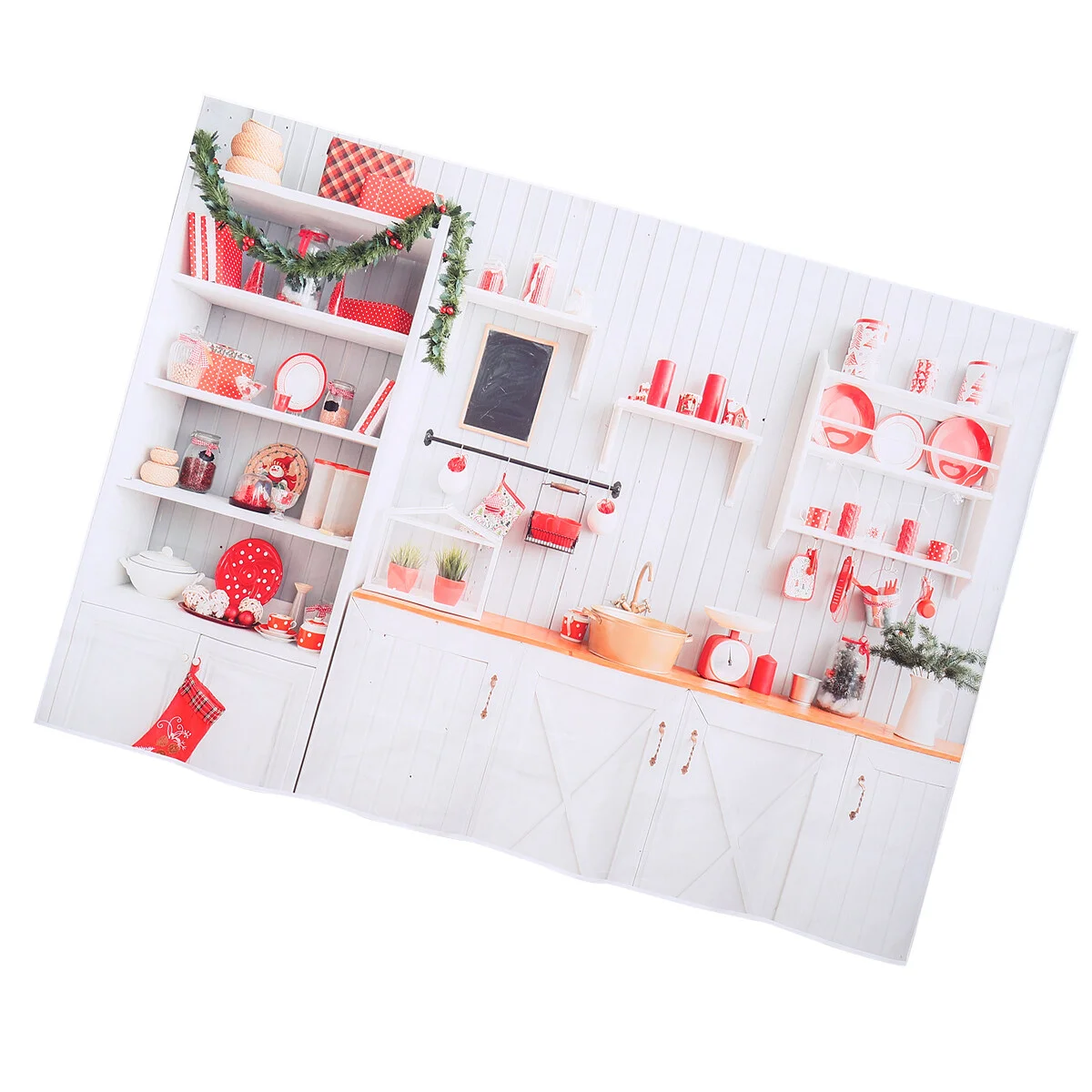 

Christmas Modern Kitchen Photography Backdrop, Wood Wall Xmas Kitchenware Interior Decoration for Photo Studio