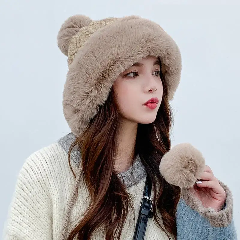 

Cute Plus Velvet Cashmere Knitted Hat For Women Winter Pompom Beanies Ladies Outdoor Cold proof Warm Cap Color Gorro Bonnet