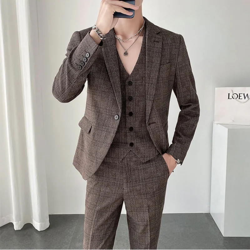 

High quality (suit + vest + trousers) Korean version fashion casual business work party party slim men's three-piece suit