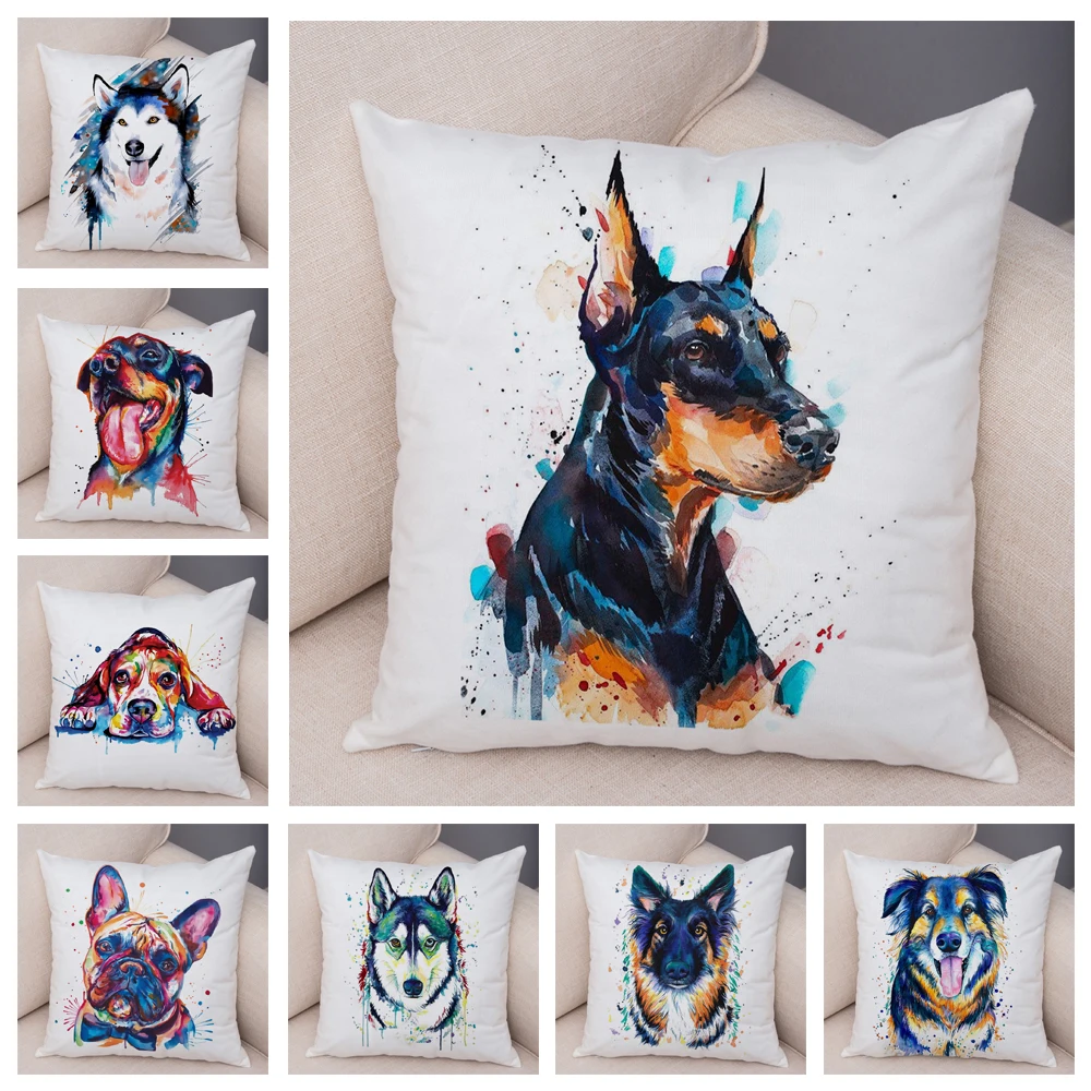 

50 Style Cute Watercolor Ink Pet Dog Pillow Case Decor Animal Pillowcase Soft Plush Cushion Cover for Car Sofa Home 45x45cm