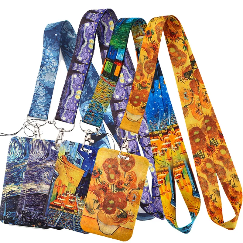 Van gogh Starry Sky Sunflowers Credit Card ID Holder Bag Student Women Travel Bank Bus Business Card Cover Badge Lanyard Straps