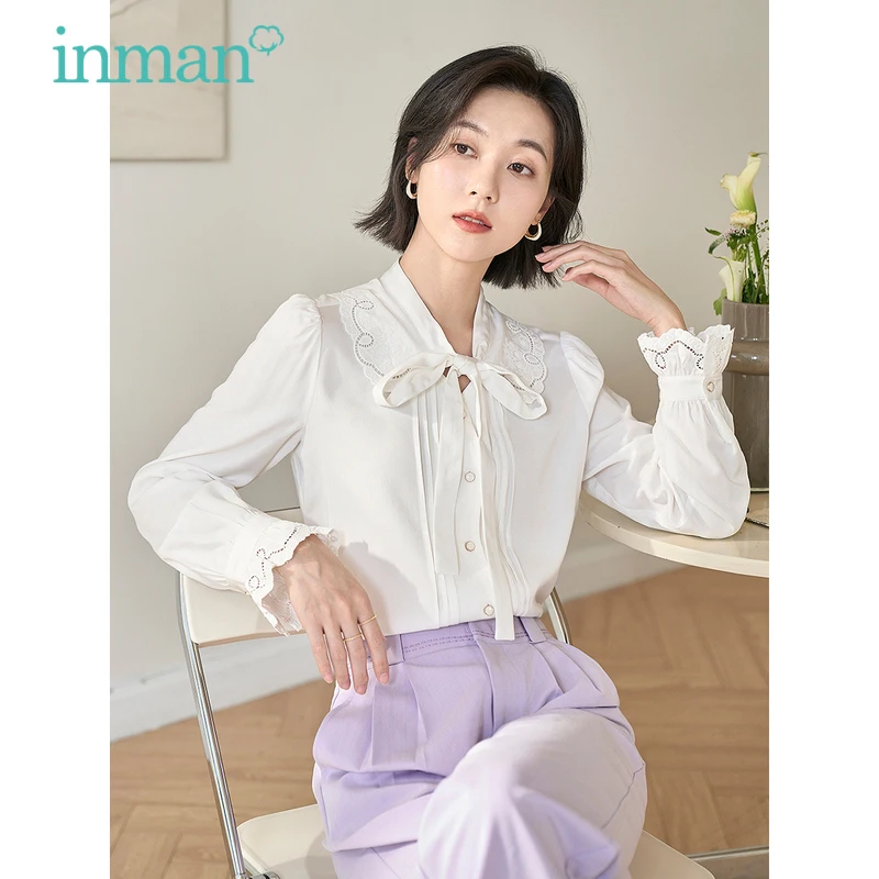 INMAN Women Shirts 2023 Spring Long Sleeve Doll Collar Loose Blouse Lacing Hollow White Commuter Official Work Tops