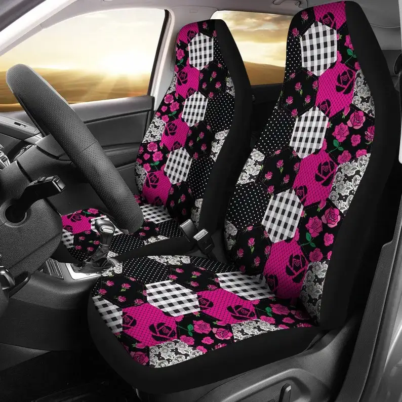 

Hot Pink Black Shabby Chic Vintage Retro Patchwork Quilt Style Car Seat Covers Set Roses Lace Gingham Polkadots Universal Fit