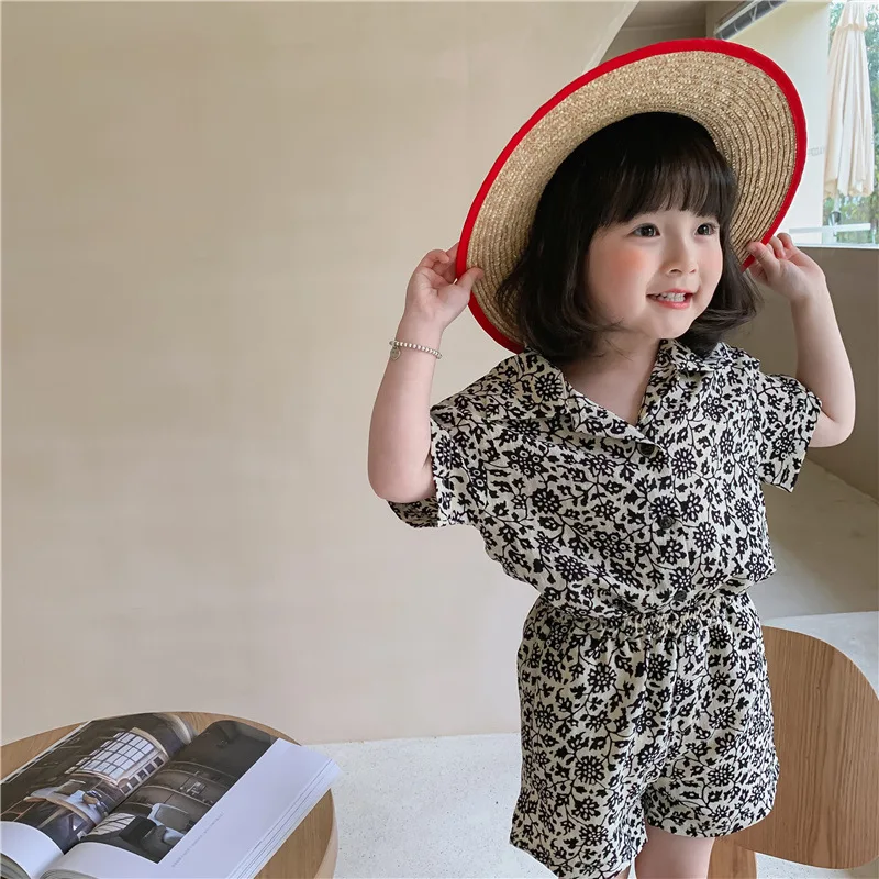 

Summer girls cotton thin cool floral clothing sets retro short sleeve shirt and loose shorts 2pcs outfits