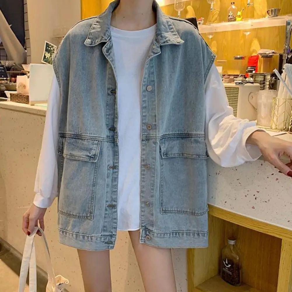 

Women Denim Waistcoat Women Denim Vest Coat Chic Denim Vest For Women Vintage Lapel Cardigan With Broad Shoulders For Spring