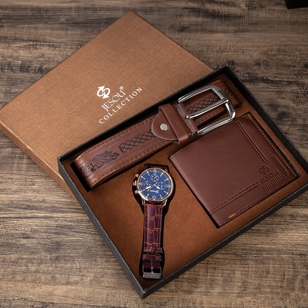 

Fashion Watch for Men Luxury Gift Box 3 in 1 Mens Watches Set Male Belt Wallet Wristwatch Set Best Gift for Husband Father