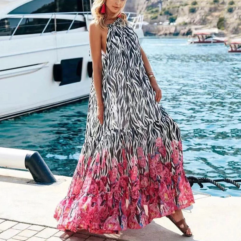 Women Chic Floral Print Stitching Zebra Party Dress Sexy Hollow Maxi Dresses Fashion Loose Halter Sleeveless Beach Holiday Dress