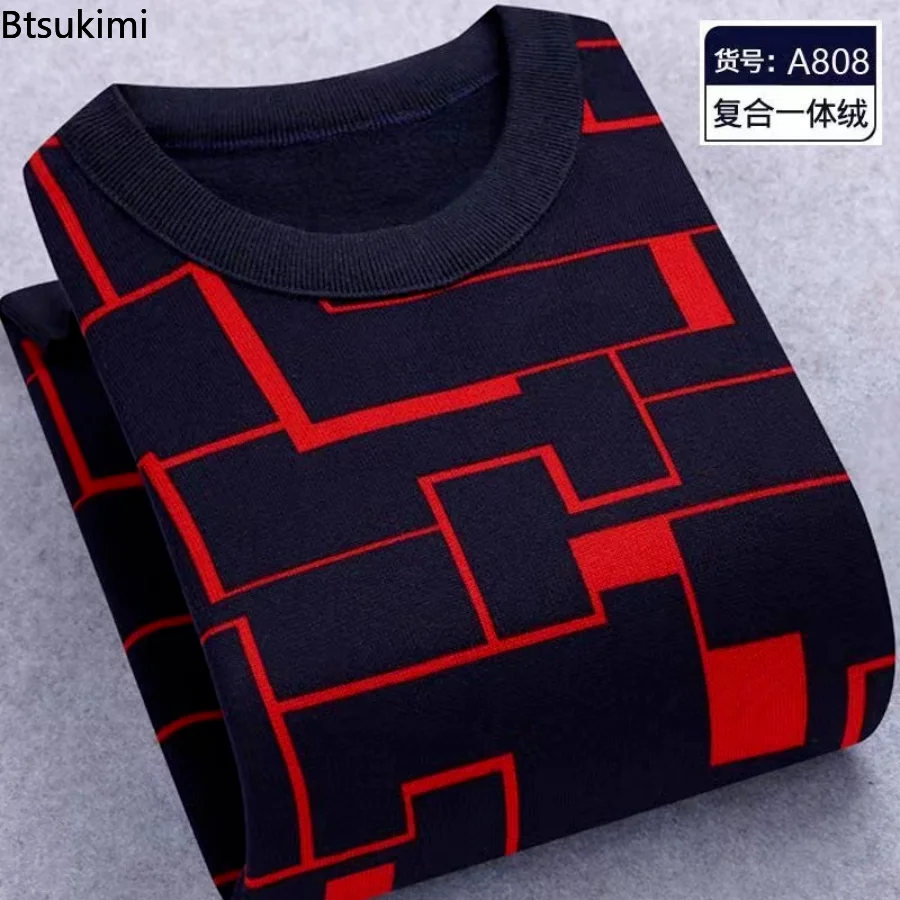 Мужской теплый трикотажный пуловер, тонкий флисовый теплый свитер с круглым вырезом, приталенный, с полосками, Осень-зима 2023