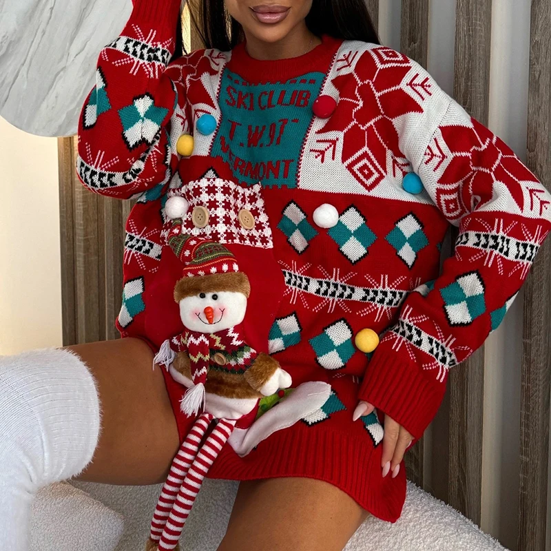 Элегантный фестивальный свитер с круглым вырезом зима 2024 рождественские вязаные