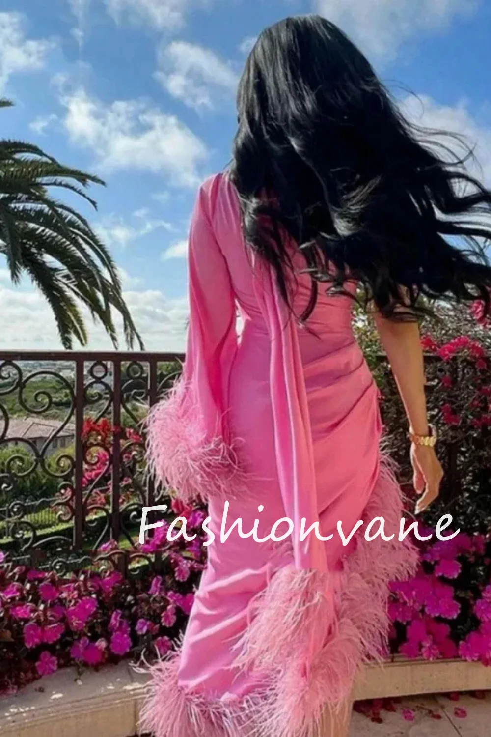 Фото Fashionvane 2024, индивидуальное длинное платье русалки на одно плечо с длинными рукавами и перьями до щиколотки, вечернее платье №2