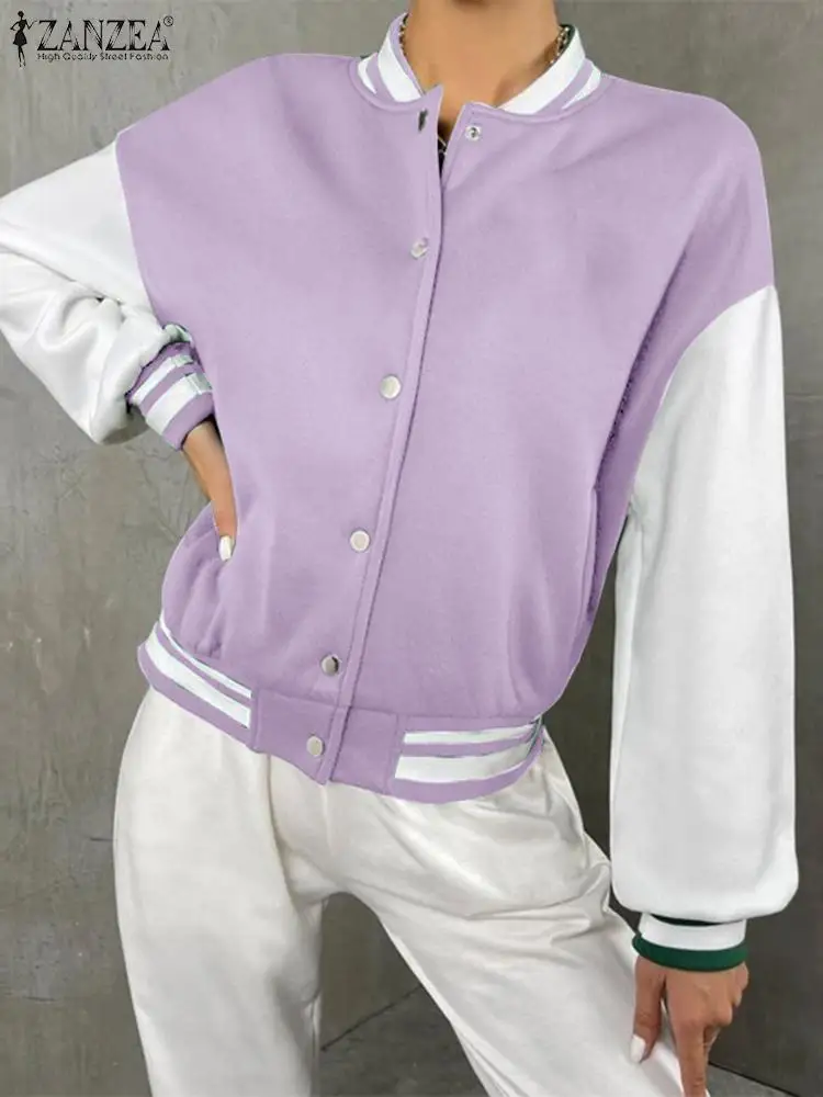 

Уличные женские пальто ZANZEA, шикарная куртка-бомбер в стиле хип-хоп с цветными блоками, осенняя бейсбольная куртка, новинка 2023, Повседневная Свободная верхняя одежда в студенческом стиле
