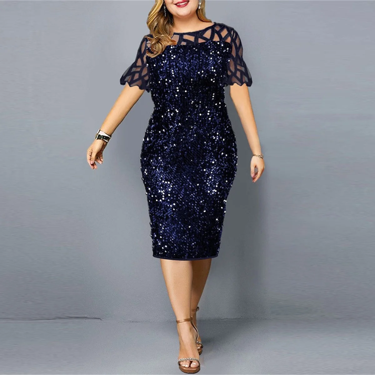 Plus Size Women's Dress Sequin Short Sleeve Dress 2023 New Summer Fashion Solid Color Round Neck Mesh Slim Large Dresses