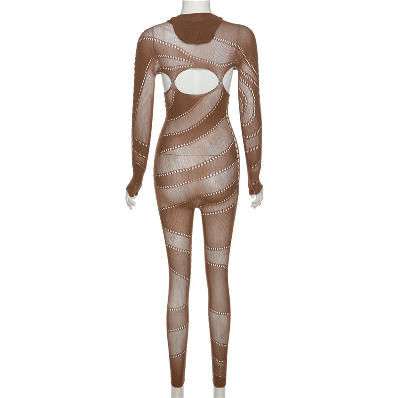 See Through Long Sleeve Skinny Night Club Overalls Female Ropers Women Sexy Hollow Out Knitted Hooded Jumpsuit