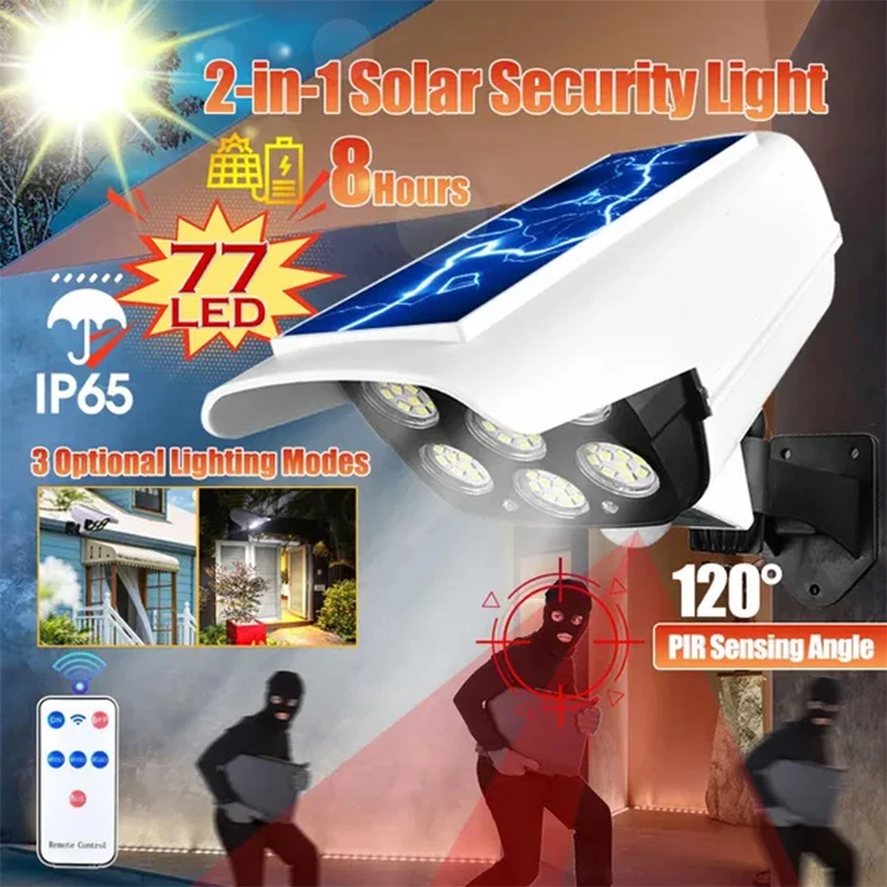 77 LED Solar Light Motion Sensor Security Dummy Camera Wireless Outdoor Flood Light IP65 Waterproof  Lamp 3 Mode For Home Garden