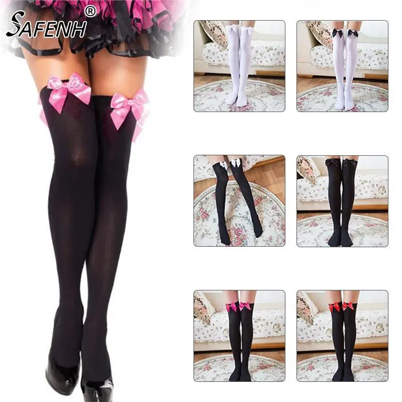 

Sexy Black White Soild Color Long Socks Women Over Knee Bow White Girls Stretchy Elastic Spring Fashion Solid Long Chaussette