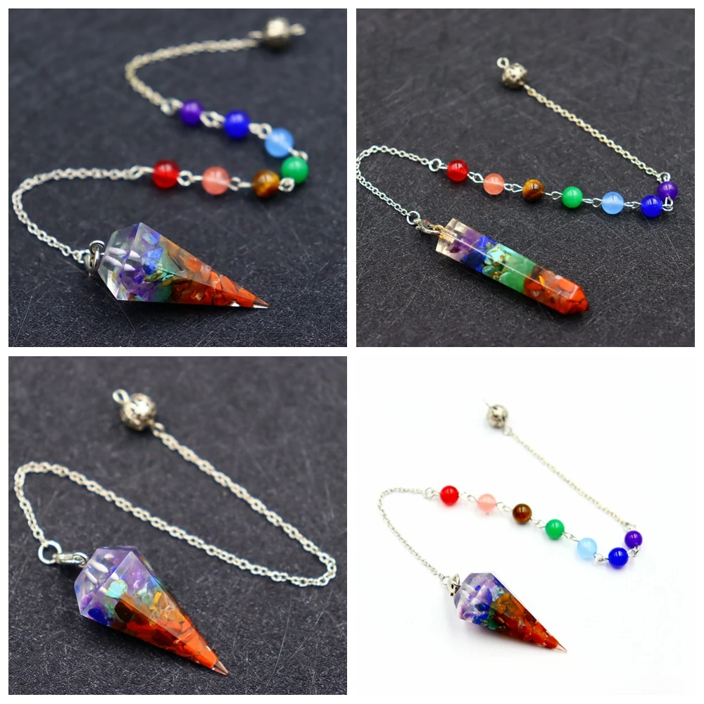

7 Chakras Resin Pendulum for Dowsing Divination Natural Quartz Gravel Stones Chains Reiki Healing Yoga Jewelry DIY Necklace