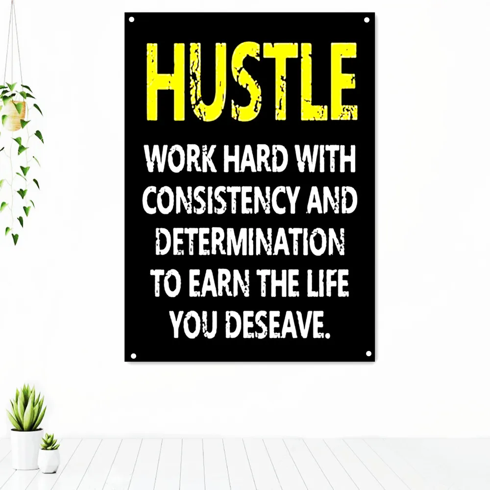 

HUSTLE. Motivational Life Quotes Banners Flag Canvas Wall Art Poster Success Inspirational Tapestry Print Painting Wall Decor