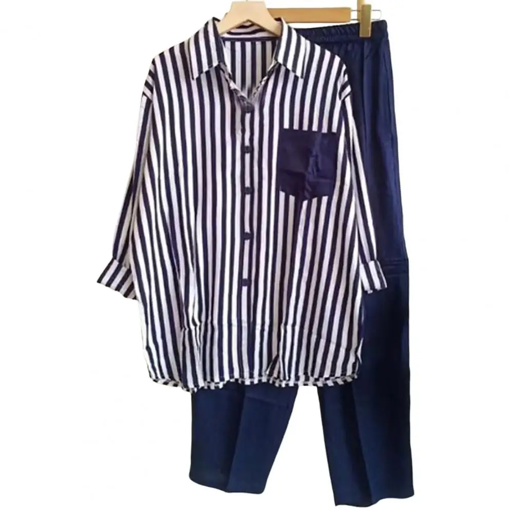 

Comfy Blouse Trousers Suit Friendly to Skin Tops Trousers Set Long Sleeve Stripes Blouse Trousers Suit Daily Garment