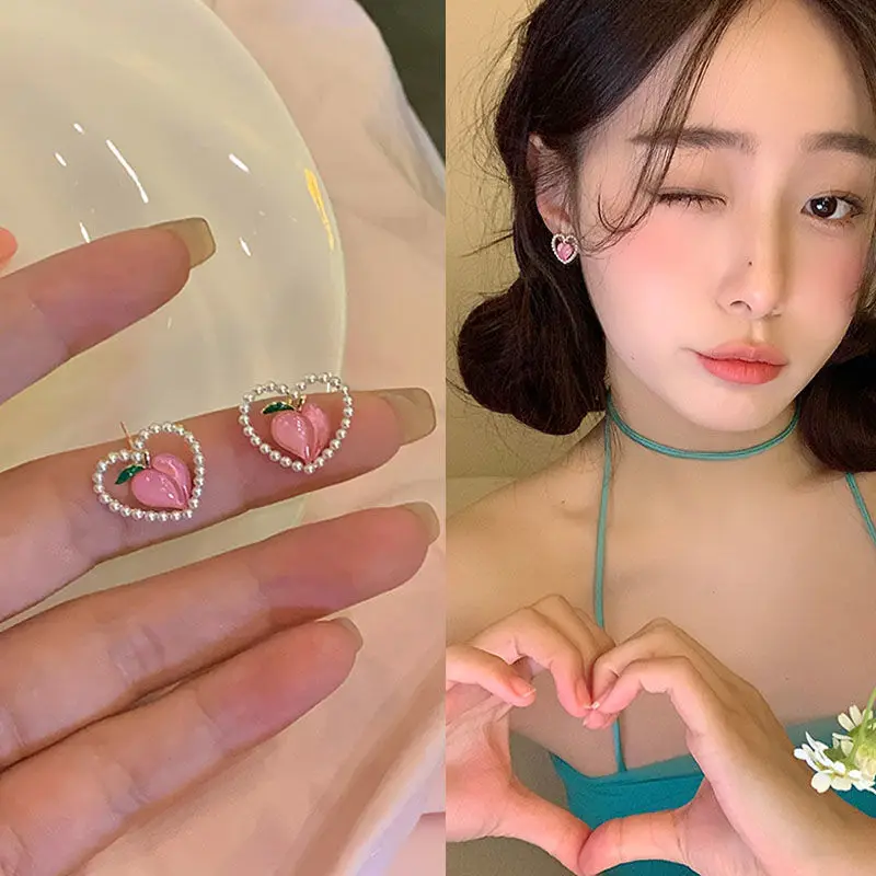 

Sweet Women Pink Pearl Peach Acrylic Girl Stud Earrings New Fashion Bride Earrings Jewelry Gift 2022
