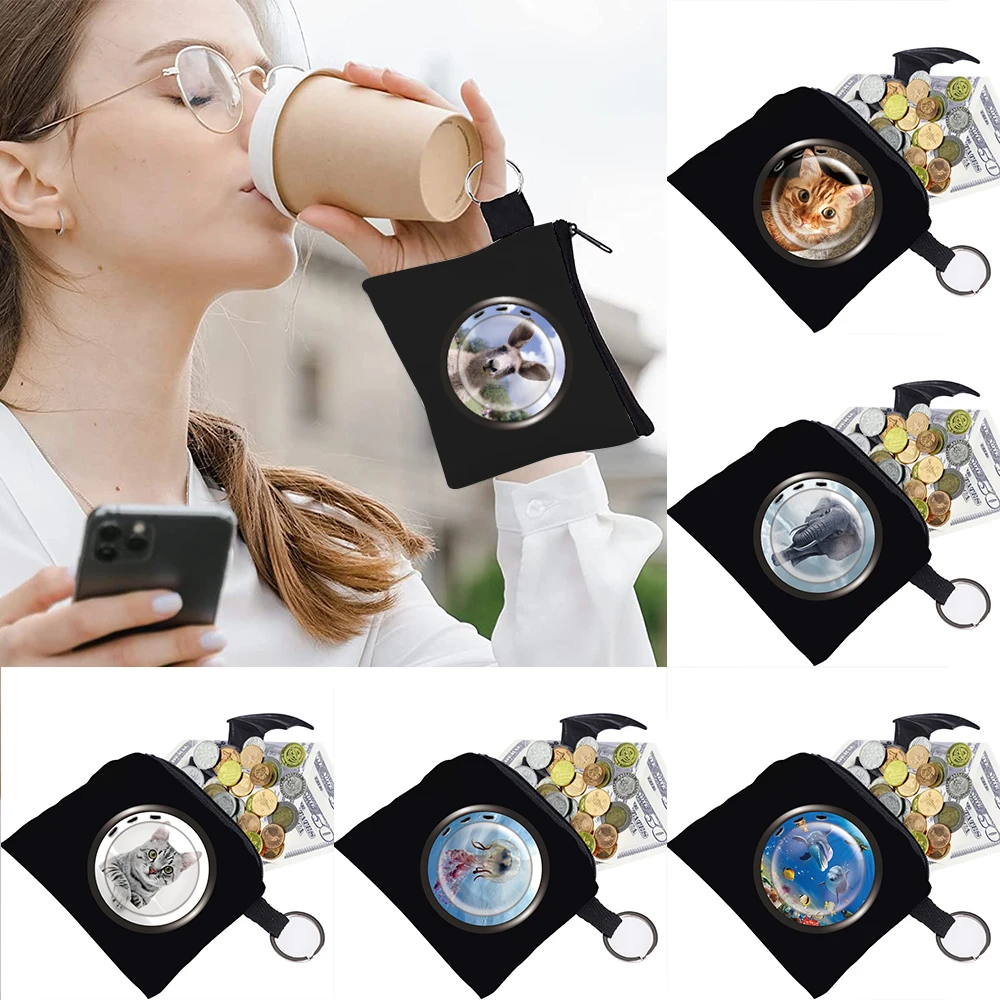 

2022 Women's Bag Coin Purse Window Pattern Print Collection Key Storage Bag Small Object Ring Buckle Zipper Black Canvas Mini