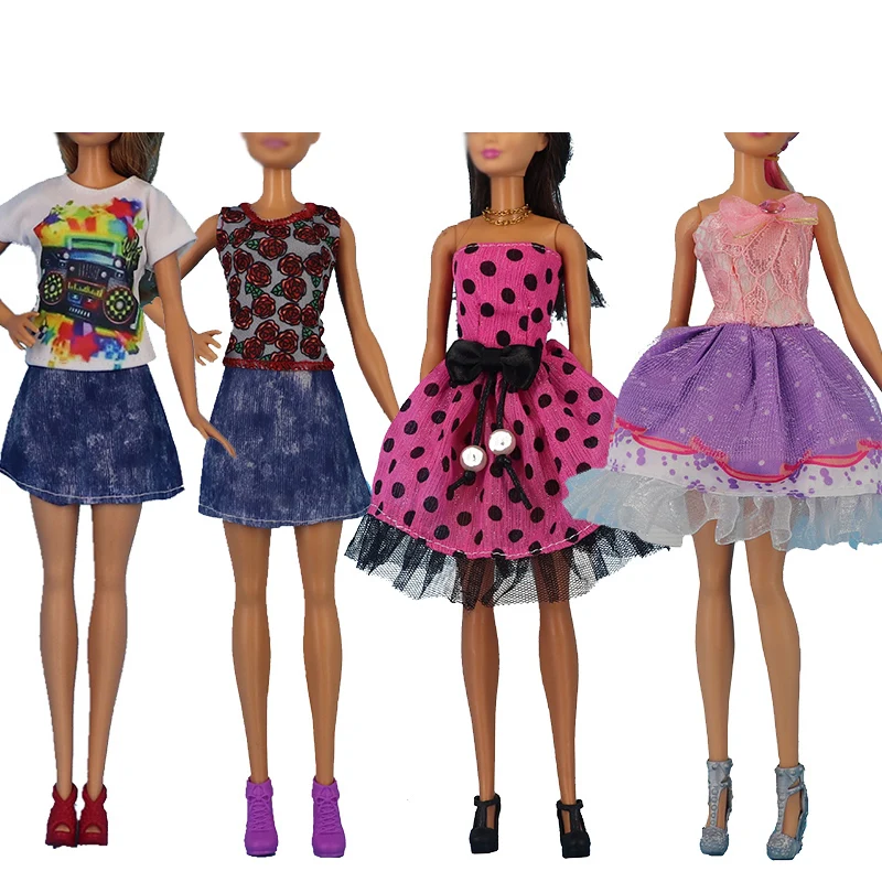 

4 комплекта, модная разноцветная одежда, женская джинсовая рубашка, юбка в клетку, повседневная одежда, аксессуары, Одежда для куклы Барби