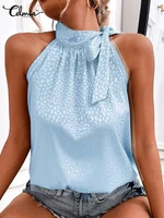 2022 celmia womens fashion sleeeveless tank tops elegant shirring pleats glossy tanks summer spot printing bandage neck vests