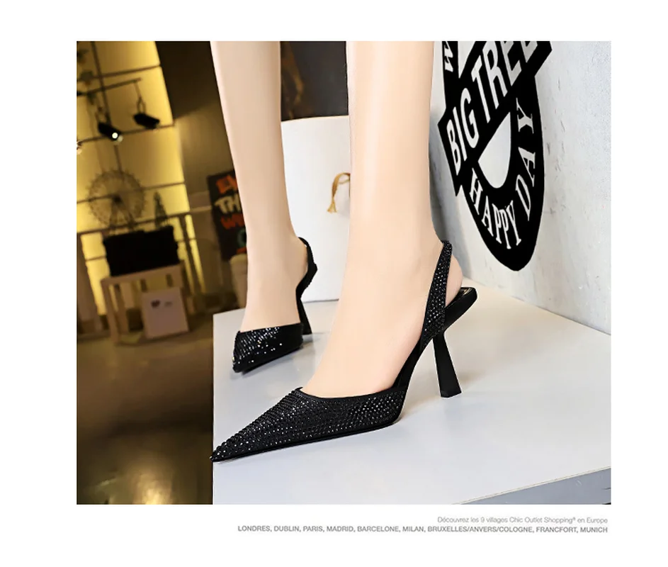 

Spring Women Sandal Thin High Heel Pointed Toe Shoes Slingback Sandals Ladies Fashion Bling Cystal Party Dress Mules Shoe