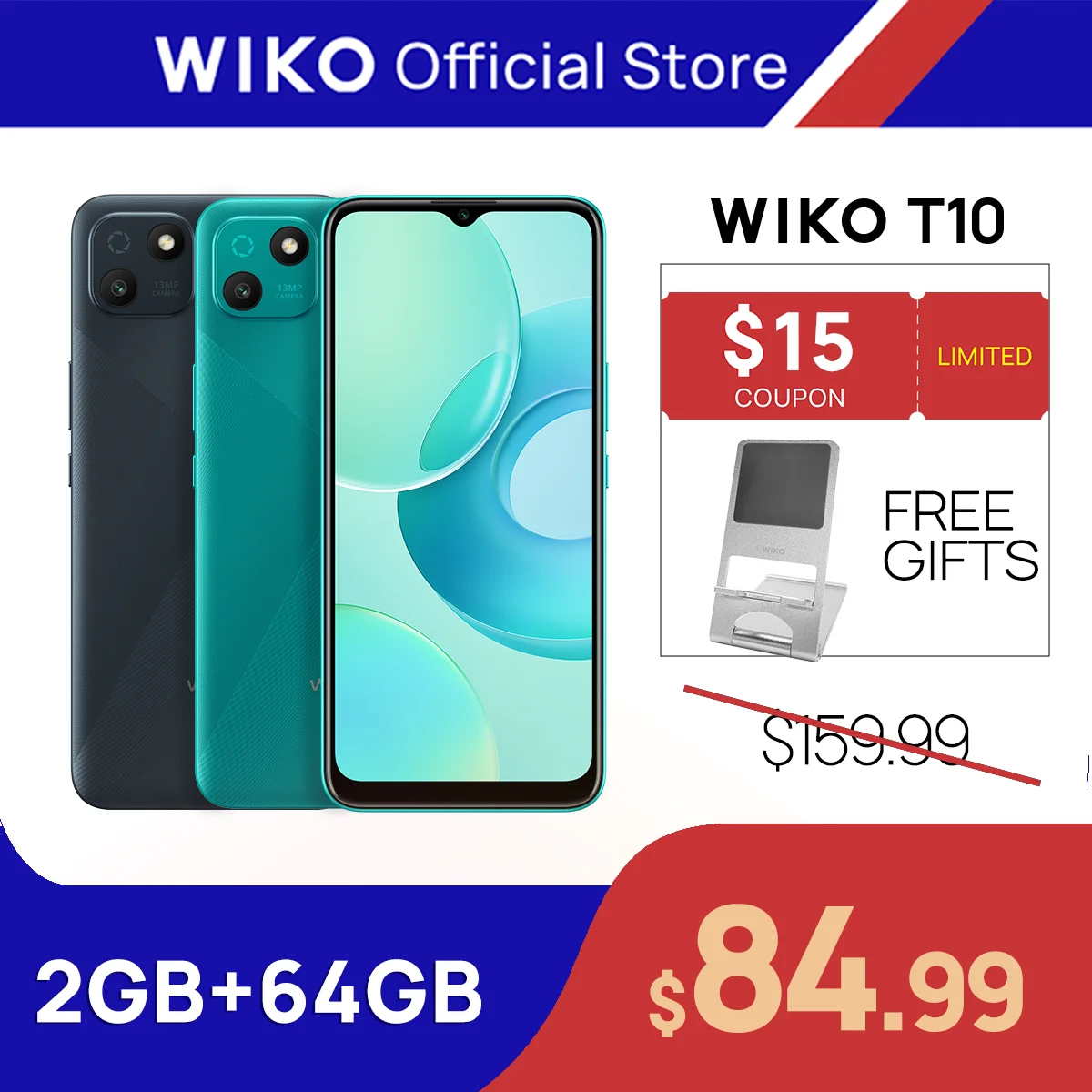 

WIKO T10 Smartphone Android 2GB RAM 64GB ROM 5000mAh 6.5 Inch HD+ Display 13 MP Camera Mobile Phones Global Version 2022