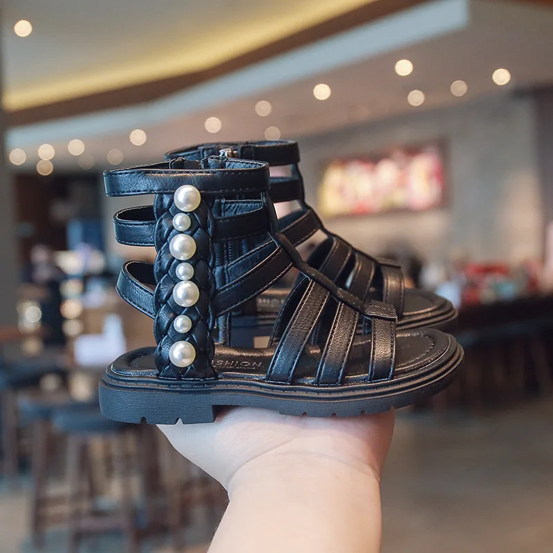 

Retro Roman Shoes New Arrival Kids Gladidator Sandals High Top Open Toe PU Leather Summer Boots Pearl Princess Beach Shoes 27-38