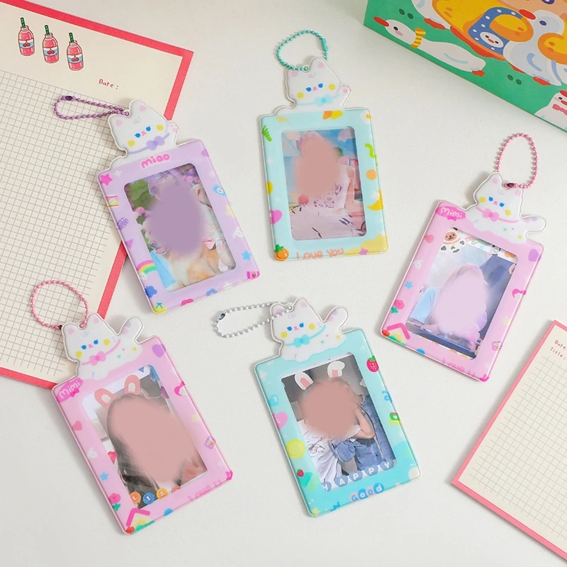 

Lovely Kpop Idol Photocards Storage with Keychains Sweet Girls Bus Card Holder Cartoon Cat Photo Sleeves Cute Student Stationary