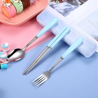 3pcs ceramic round handle stainless steel cutlery set with box chopsticks fork spoon camping tableware kitchen accessories