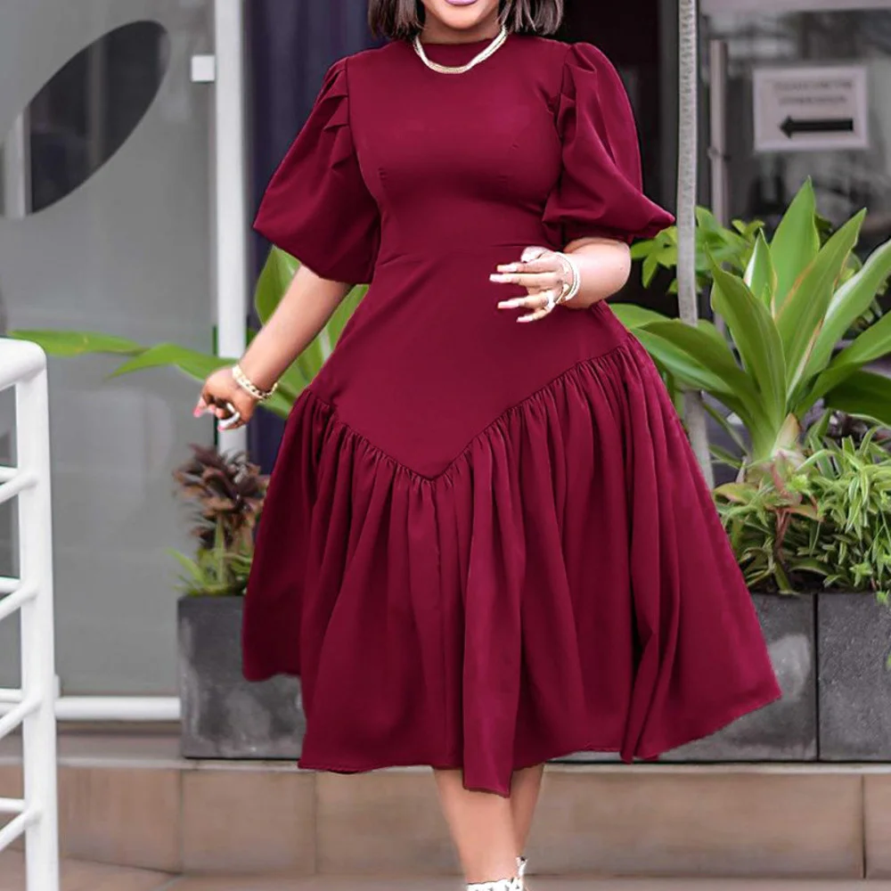 Fashion Bubble Sleeve Pleated Dress Round Neck A Line Women Casual Streetwear Midi Robes African Office Lady OL White Dresses