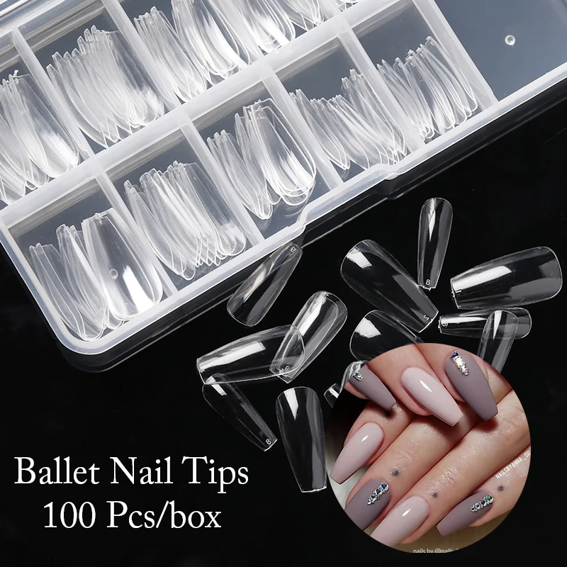 

100Pcs Boxed Transparent Coffin Ballet Fake Nails Tips Full Coverage Nail Tips Decorations