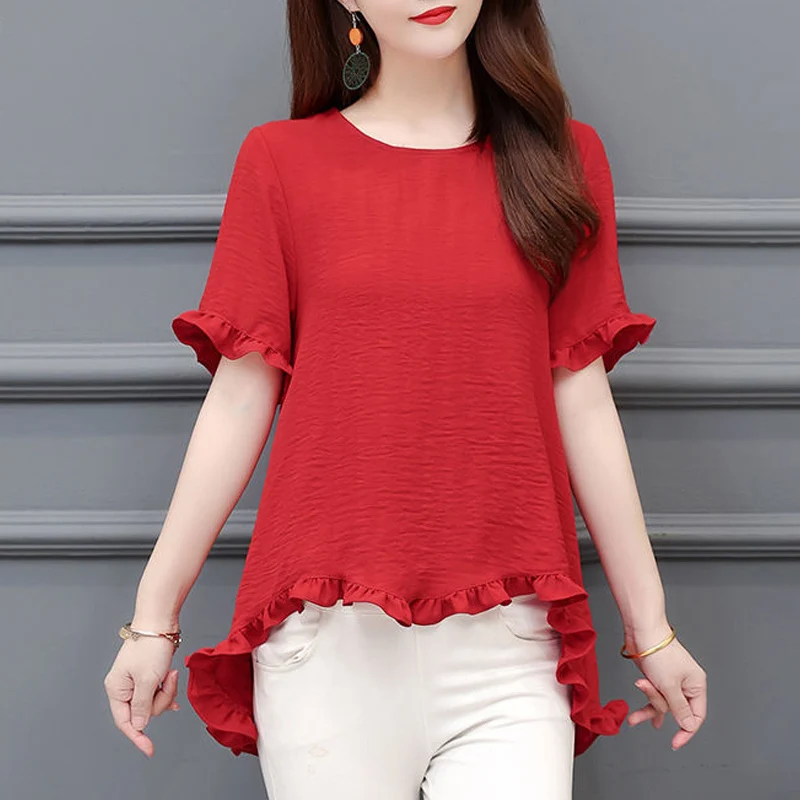 

2023 Summer Elegant Ruffled Round Neck Short Sleeve Asymmetrical Top Blouse Women Korean Fashion Solid Simple Slim Shirts Blusas