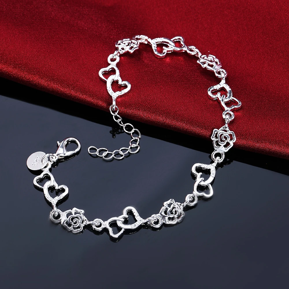 

Special offer fashion 925 Stamp Silver color Bracelet for woman romantic heart flowers chain fine jewelry Wedding party gifts