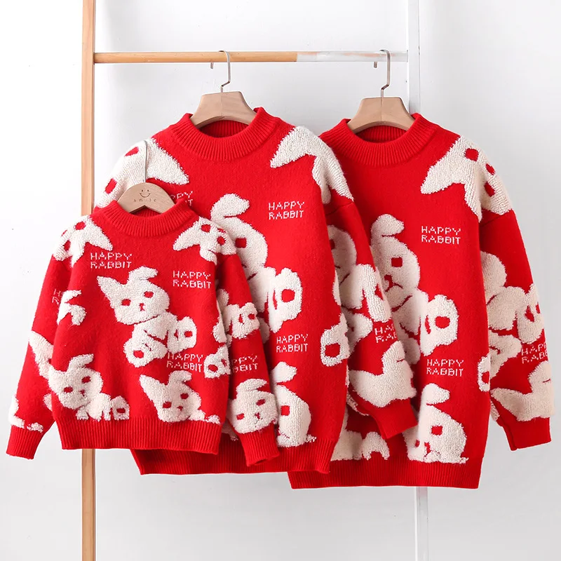 

New Year Family Red Sweaters for Dad Mom Daughter Son Christmas Matching Clothes Outfits Adult Kids Rabbit Tops Pullover