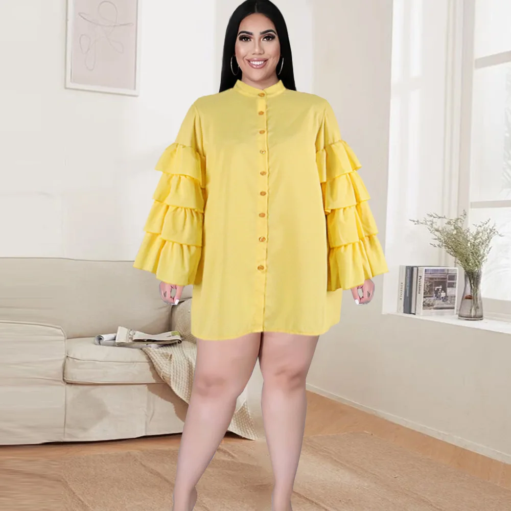 

Long Sleeve Shirt Dress Button Down Yellow Kawaii Ruffle Women Casual Loose Spring Autumn Oversized Female Short Mini Dresses