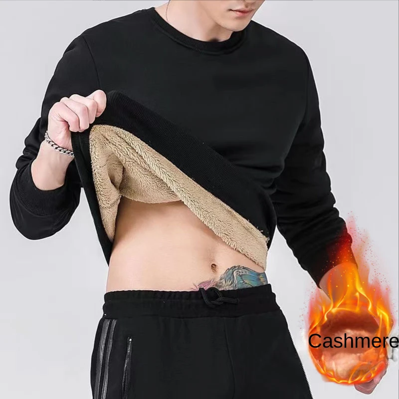 

Мужская Зимняя Толстая Толстовка с круглым вырезом, однотонная свободная одежда без пальцев, с защитой от холода, топ на флисе, яркие теплые ...