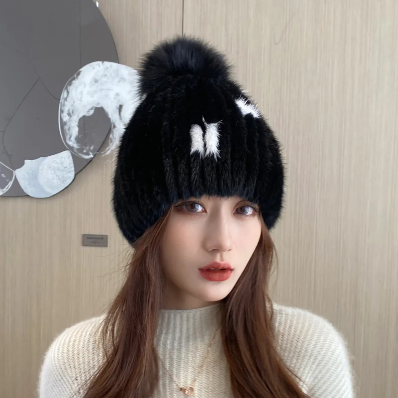 Mink Fur Hat Women Winter Real Fur Hats Ladies Natural  Fur Hat With Fox Fur Pompoms Ears Protective Cap Female Furry Fur Cap